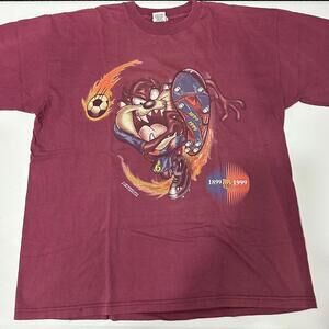 Vintage Looney Tunes FC Barcelona Soccer Shirt Mens XL Red 1990s Taz Tee